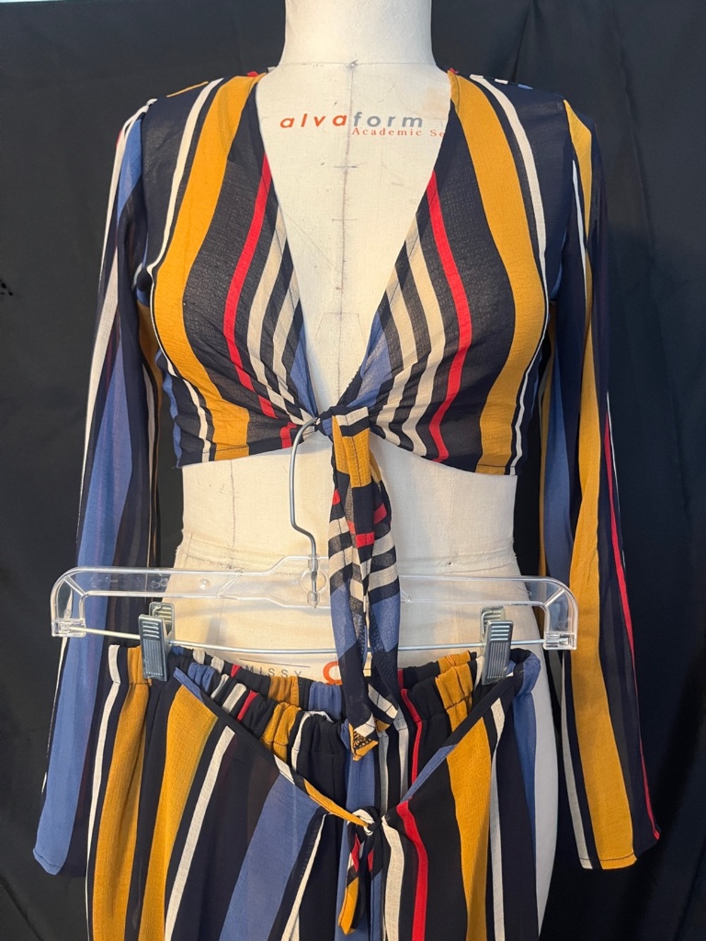 Striped Tie-Front Two-Piece Set in Mustard, Navy & Red. Split legs - Picture 4 of 5